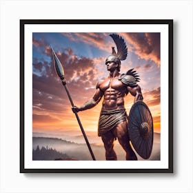 Firefly The Image Depicts A Statue Of A Muscular Man With A Large Winged Helmet, Holding A Spear In (2) Art Print