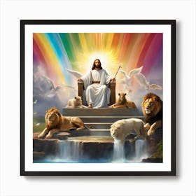 Jesus On Throne In Heaven Rainbow Sky and Animals Art Print