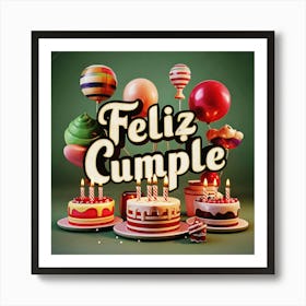 Feliz cumple and Feliz cumpleaños sign means Happy Birthday in Spanish language, Birthday party celebration gift with birthday cake candle colorful balloons best congratulation over light background wall artFeliz Cumple 45 Art Print