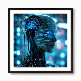 Futuristic Cybernetic Head Interfacing With A Neon Glowing Binary Code Stream Symbolizing The Fusi (3) Art Print