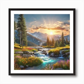 Mountain Stream At Sunset Art Print