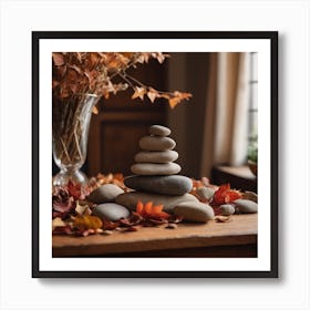 A Pyramid Of Rocks Sits On A Wooden Table Surrounded By Fallen Leaves, Flowers, And A Chair In A Cozy Natural Indoor Setting 2 Art Print