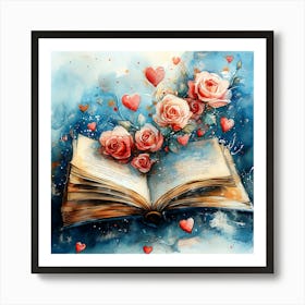 Watercolor Romantic Book Roses Hearts 4 Art Print