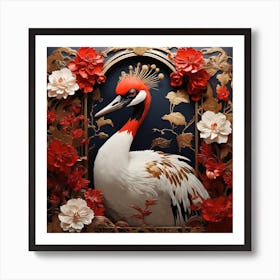 Crane With Red Flowers Art Print