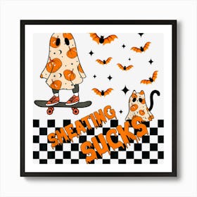 Smeating Sucks Pumpkin Ghost Skater Spooky Vibes Halloween Art Print