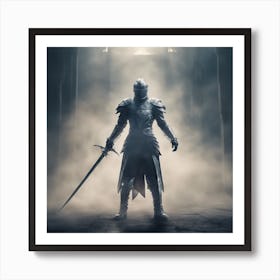 Man Standing In Dynamic Pose Wearing Armor Holding Sword And Magic, Futuristic Medieval, Epic Compos Art Print