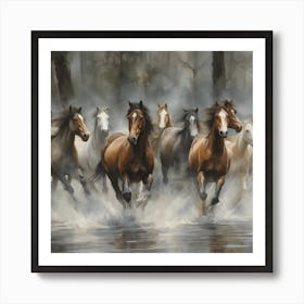 Horses In The Water 4 Art Print