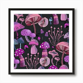 Mushrooms Pattern Dark Purple Art Print