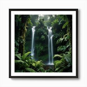 A Lush Rainforest With Towering Trees, Dense Foliage, And A Cascading Waterfall 2 Art Print