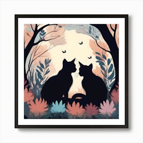 Silhouettes Of Cats In The Forest In The Day, Black, Coral And Light Beige Art Print