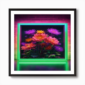 Flowers In A Neon Frame Art Print