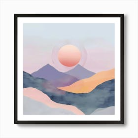 A Hand Drawn Pastel Minimalist Illustration Of A Sunset In The Mountains 3 Art Print