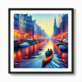 Into The Water A Kayaking Adventure Through Amsterdam S Canals At Dawn Style Neon Urban Impressionism (1) Art Print