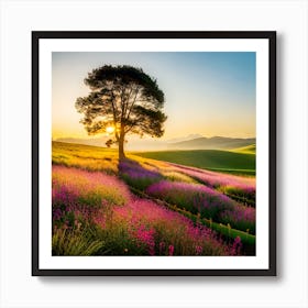 Tree Field Purple Flowers Sunset Art Print