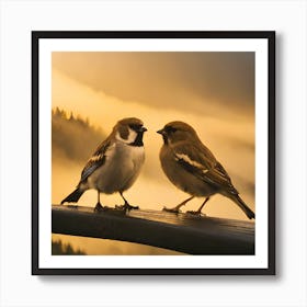 Firefly A Modern Illustration Of 2 Beautiful Sparrows Together In Neutral Colors Of Taupe, Gray, Tan (72) Art Print