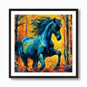 Blue Horse In The Forest Art Print