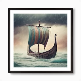 Viking Ship In Stormy Sea 2 Art Print