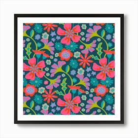 POP FLORAL Bright Retro Flowers in Fuchsia Hot Pink Coral Red Purple Orange Turquoise Gray Blue on Dark Blue Art Print