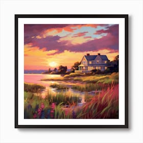 Sunset Meadow On A Lake Art Print