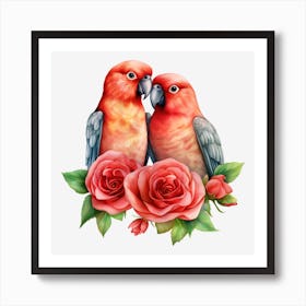 Couple Of Parrots With Roses 2 Art Print