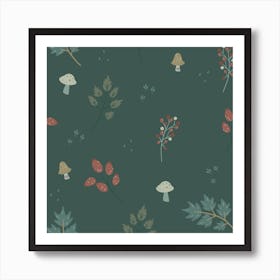 Whimsical Mushroom Repeat Deep Green Art Print