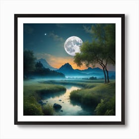 Full Moon Over A River Art Print