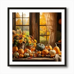 Autumn Harvest Celebration Captured In A Rustic Farmhouse Setting Pumpkins And Various Gourds Offer Art Print