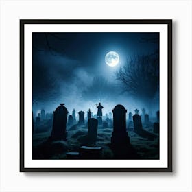 Cemetery Scene On A Halloween Night With Fog And Ghostly Silhouettes Against The Night Sky Haunted (5) Art Print