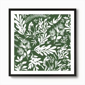 Christmas Botanical Leaves - Dark Green White Art Print