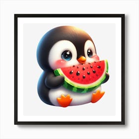 Cute Penguin Eating Watermelon 1 Art Print