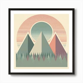 "Pastel Peaks"   A trio of mountains cast in a soft pastel glow stands beneath a textured sun, the scene encapsulating a retro yet timeless aesthetic. The dotted trees add depth, while the subtle gradients and halftone patterns evoke a sense of calm nostalgia. This piece melds natural beauty with a graphic sensibility, ideal for a chic, modern home. Art Print