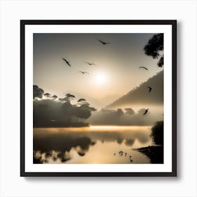 Lake, Mountain, Forest, Sun, Birds 2 Art Print