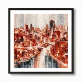 A stunning impressionistic abstract painting of Tokyo at night, using the pointillist technique to bring it to life. The cityscape is painted in soft pastel colors 1 Art Print