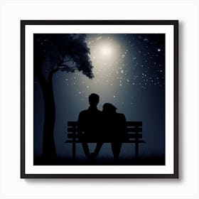 Couple Sitting On Bench At Night Art Print
