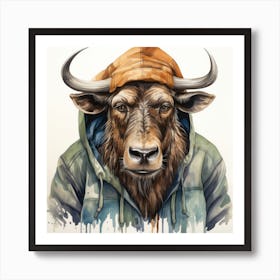 Watercolour Cartoon Wildebeest In A Hoodie 2 Art Print