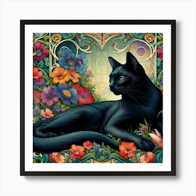 Black Cat With Flowers 8 Art Print