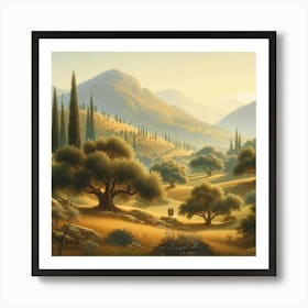 A Serene Landscape With Olive Trees And Rolling Hills (2) Art Print