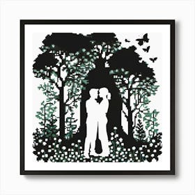 Couple In The Forest, Silhouettes Of Two People Hugging Surrounded By Elements Of Nature Flowers Trees Growing 1 Art Print