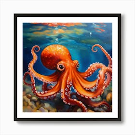 Vibrant Reds And Oranges Oil Painting Of Octopus Art Print