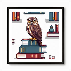 Owl On Books, An Owl Perched On A Stack Of Books Symbolizing Wisdom And Learning 1 Art Print