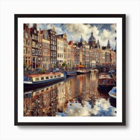 Amsterdam Canals - A canal scene in Amsterdam, but the houses and boats are not reflected in the water in a normal way. Instead, they are reflected in a distorted and fractured way, creating a sense of illusion and fantasy. The scene is rendered in a realistic, painterly style. 2 Art Print