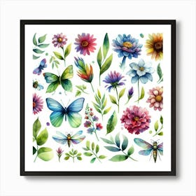 Watercolor Flowers And Butterflies 3 Art Print