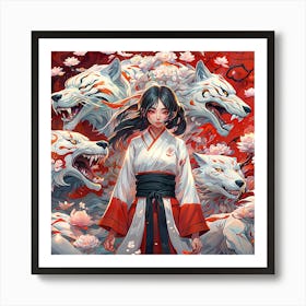 Samurai Girl wiyh whites wolfs Art Print