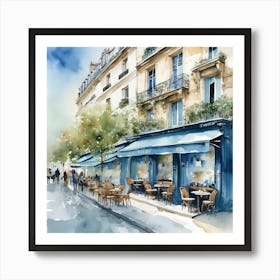 Paris Street Cafe Scene Illustration Sage Blue Watercolour Art Print