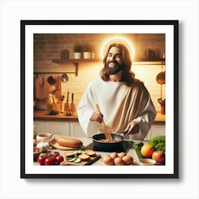 Jesus cooking a meal in a cozy modern kitchen 1 Art Print