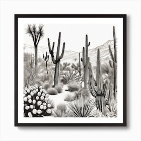 Cactus Desert Black and White Art Print