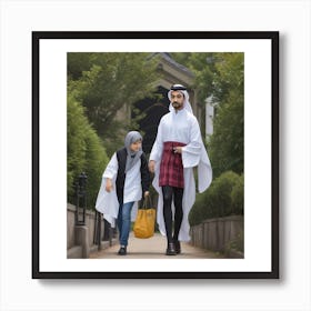 (5)The image depicts a man and a young girl walking together on a pathway, with a tall building in the background. The man is dressed in a white shirt and black pants, while the girl is wearing a red and black plaid skirt and a white shirt. They are both holding bags, with the man carrying a yellow handbag and the girl carrying a black handbag. Art Print