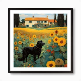 Gustav Klimt Style, Farm Garden With Sunflowers And A Black Dog Art Print