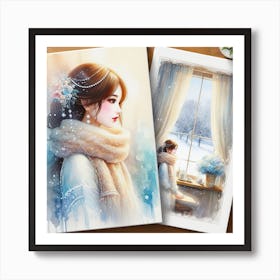 A Snowy and Cozy Watercolor Painting of a Girl with Pearl Earrings and a Scarf, Looking Out of a Window Art Print