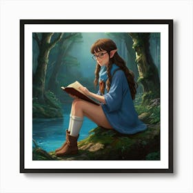 Studio Ghibli ~ Hayao Miyazaki ~ Beautiful elf woman with braided long brown hair, brown eyes, and freckles. wearing a blue scarf, glasses, comfy looking outfit, skirt and thigh highs. sitting and reading a book in a whimsical magical forest with water nearby. whimsical, tetradic colors, The style is highly detailed and vivid, with a blend of realism and fantasy art elements, emphasizing a moody and ethereal ambiance. epic masterpiece, cinematic experience, 8k, fantasy digital art, HDR, UHD. This contrast between the fantastical character and the more traditional fantasy color scheme and elements gives the piece an intriguing narrative quality. Art Print